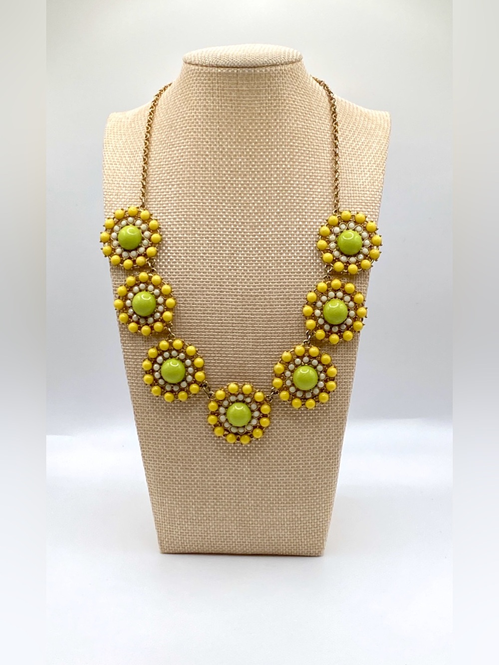 Vintage Style Lime Green & Yellow Beaded Floral Statement Necklace Gold Tone 